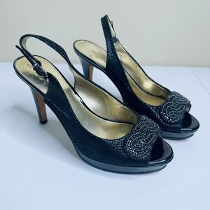 Antonio Melani Black Heels Slingback Peep Toe Embellished Evening Pumps